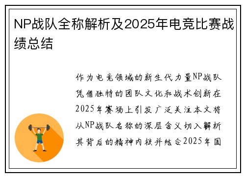 NP战队全称解析及2025年电竞比赛战绩总结
